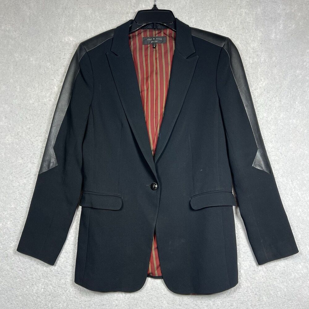 Rag & Bone Blazer Jacket Women’s Size 6 Black Leather Trim Single Button $495